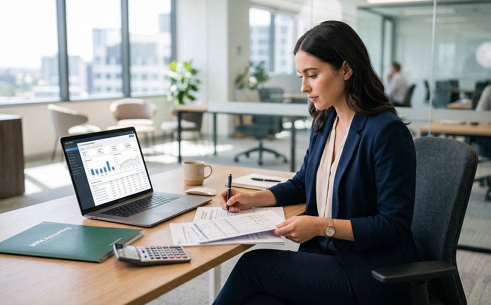 Bookkeeper reviewing financial reports on a laptop